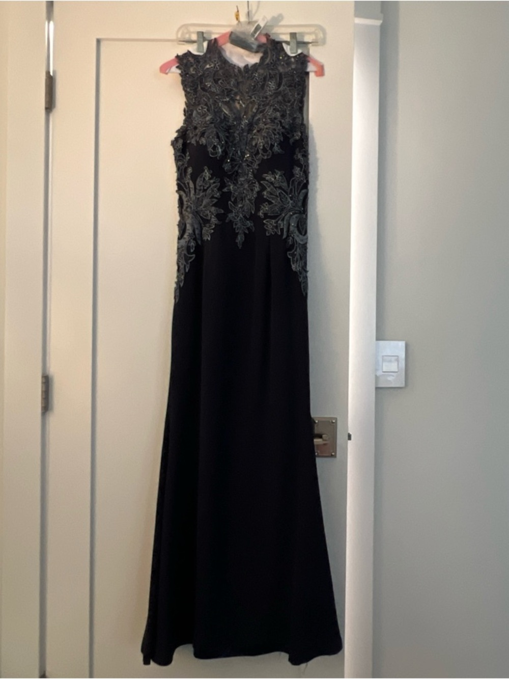 Stephen Yearick Black Maxi Gown with Silver Embroidered Appliqué